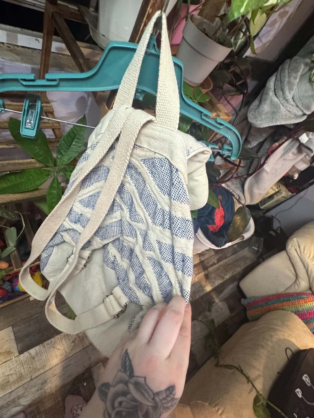 Canvas Rope Drawstring Backpack - Blue and White - Picture 2 of 4
